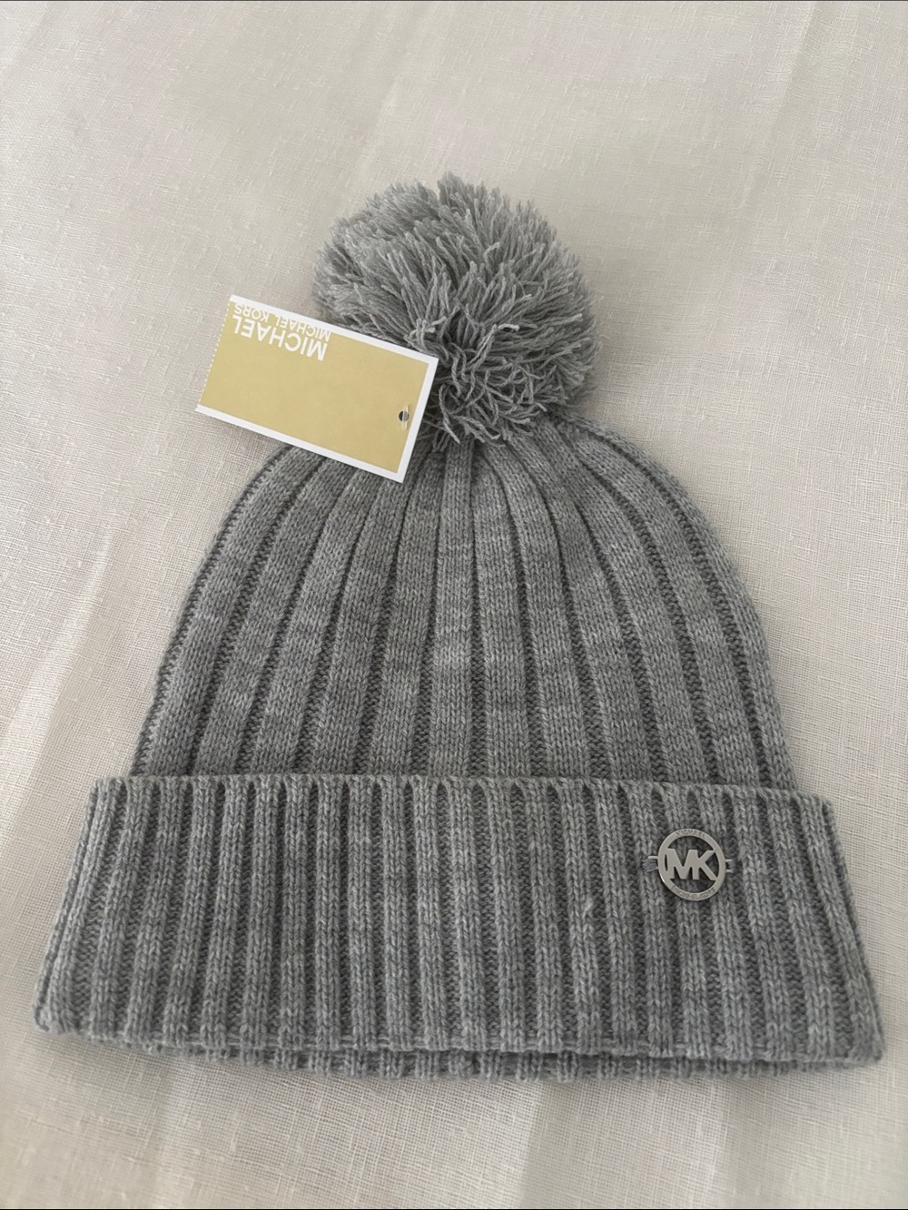 MICHAEL Michael Kors women’s Gray Rib-Knit Pom Beanie with Logo